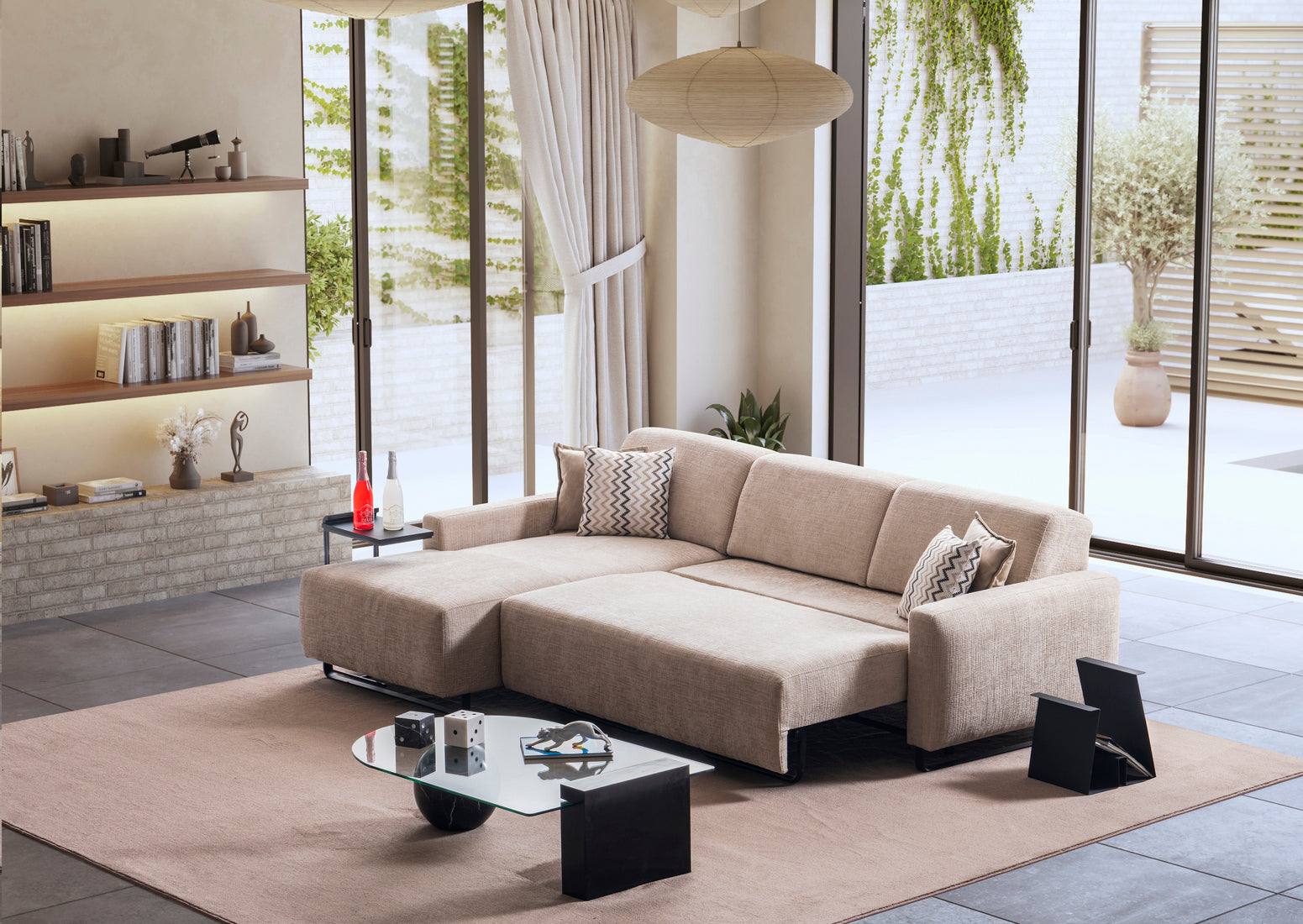 Ъглов разтегателен диван - легло «Kalyon» + електрически механизъм и USB зарядна станция, ширина 270 или 290см