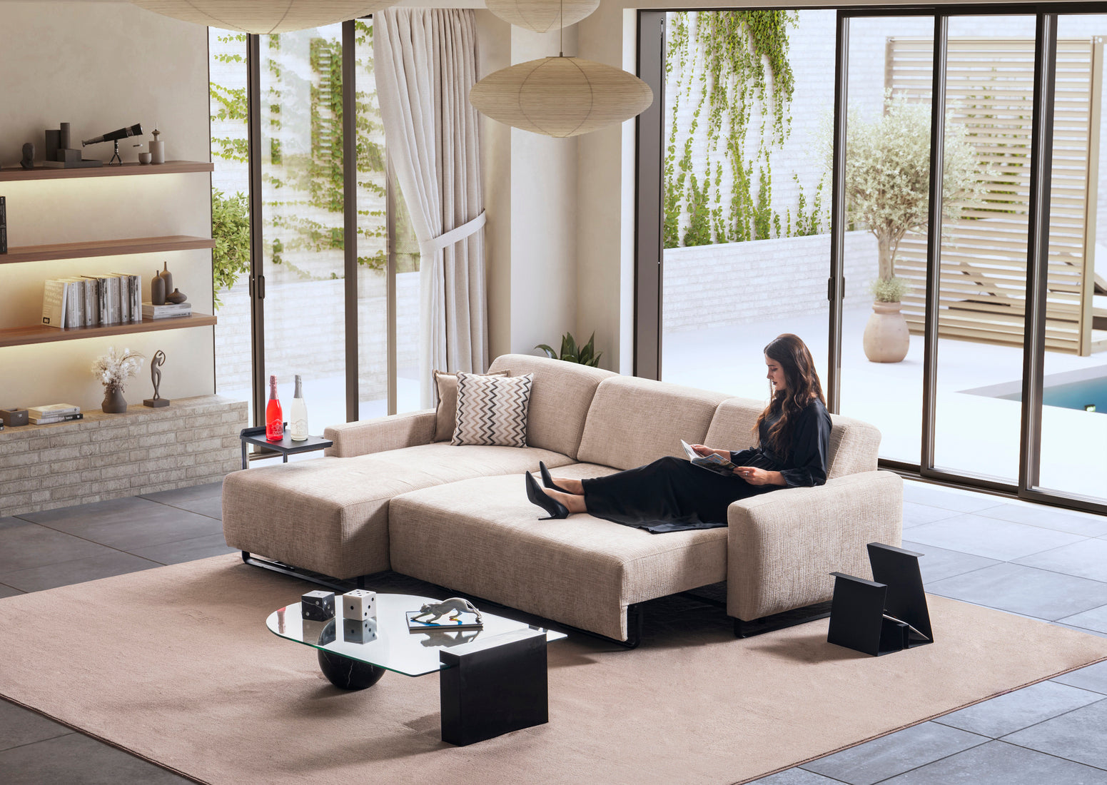 Ъглов разтегателен диван - легло «Kalyon» + електрически механизъм и USB зарядна станция, ширина 270 или 290см