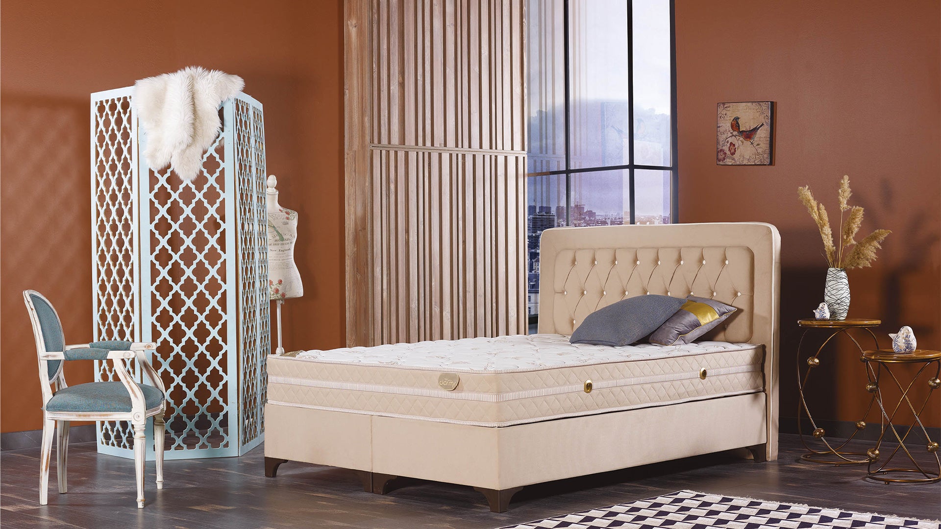 Тапицирано легло «Lima» + Матрак и табла - с място за съхранение и система за безшумно затваряне