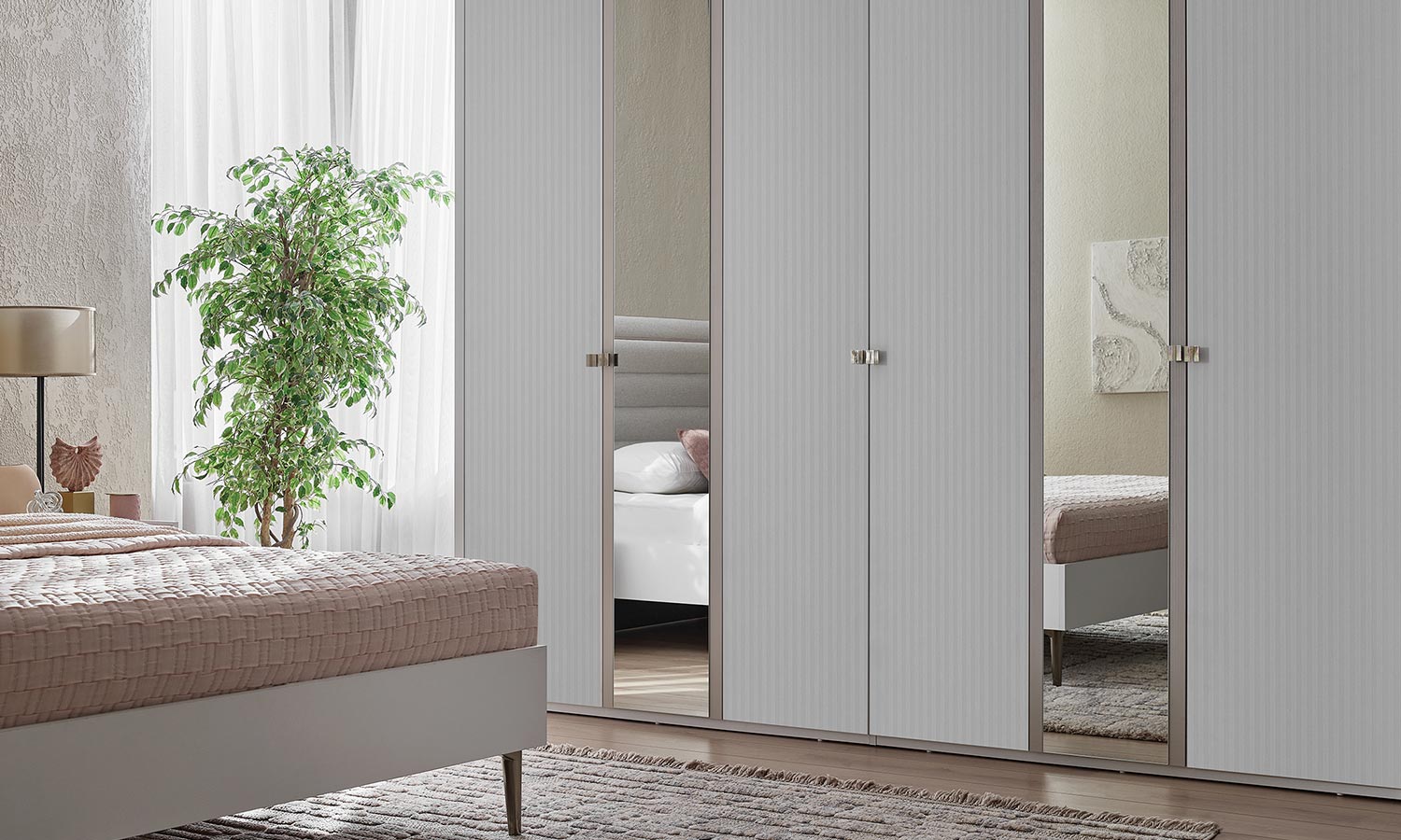 Петкрилен гардероб «Lumina» с огледална врата, ширина 229см