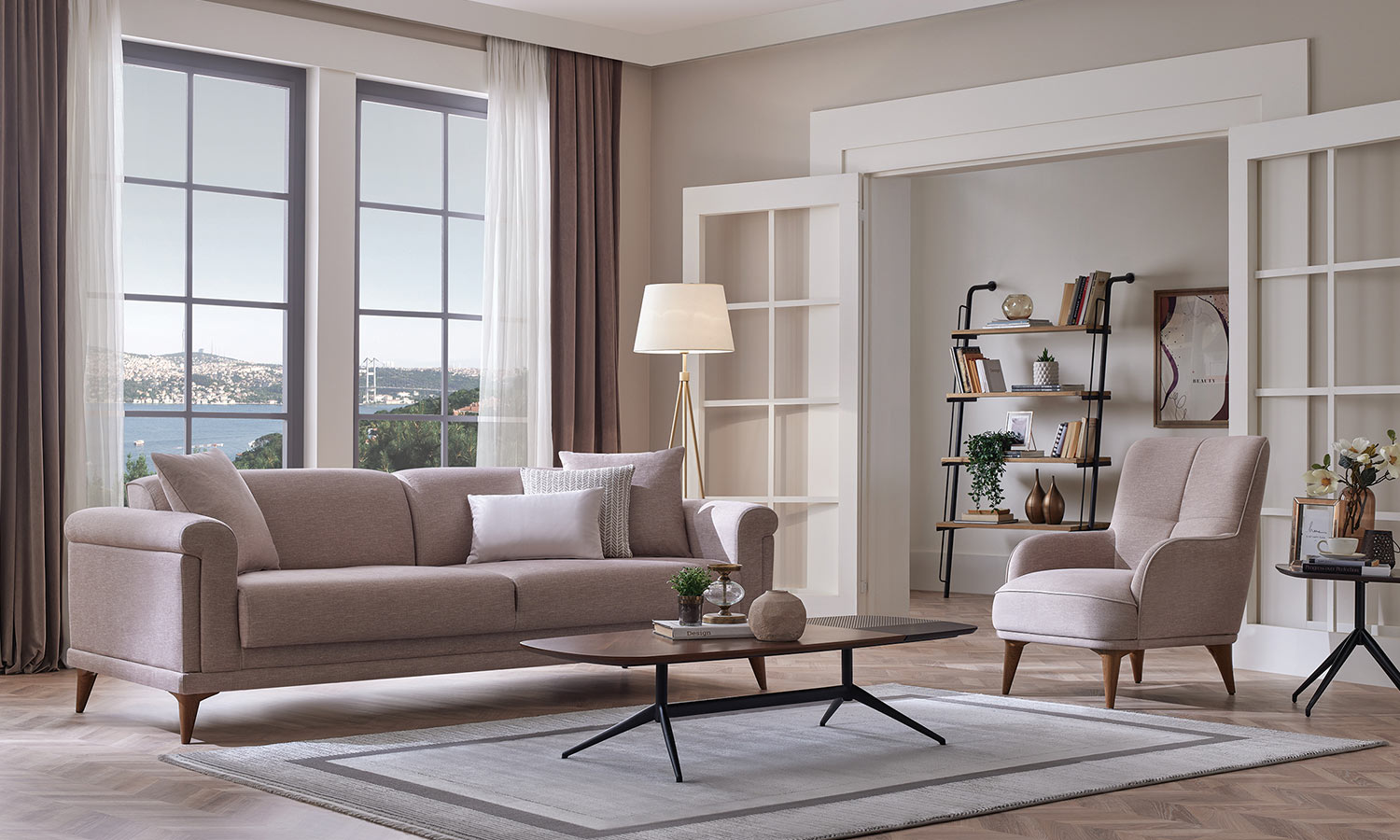 Tриместен разтегателен диван «Melvin» + 4 декоративни възглавници, ширина 233см