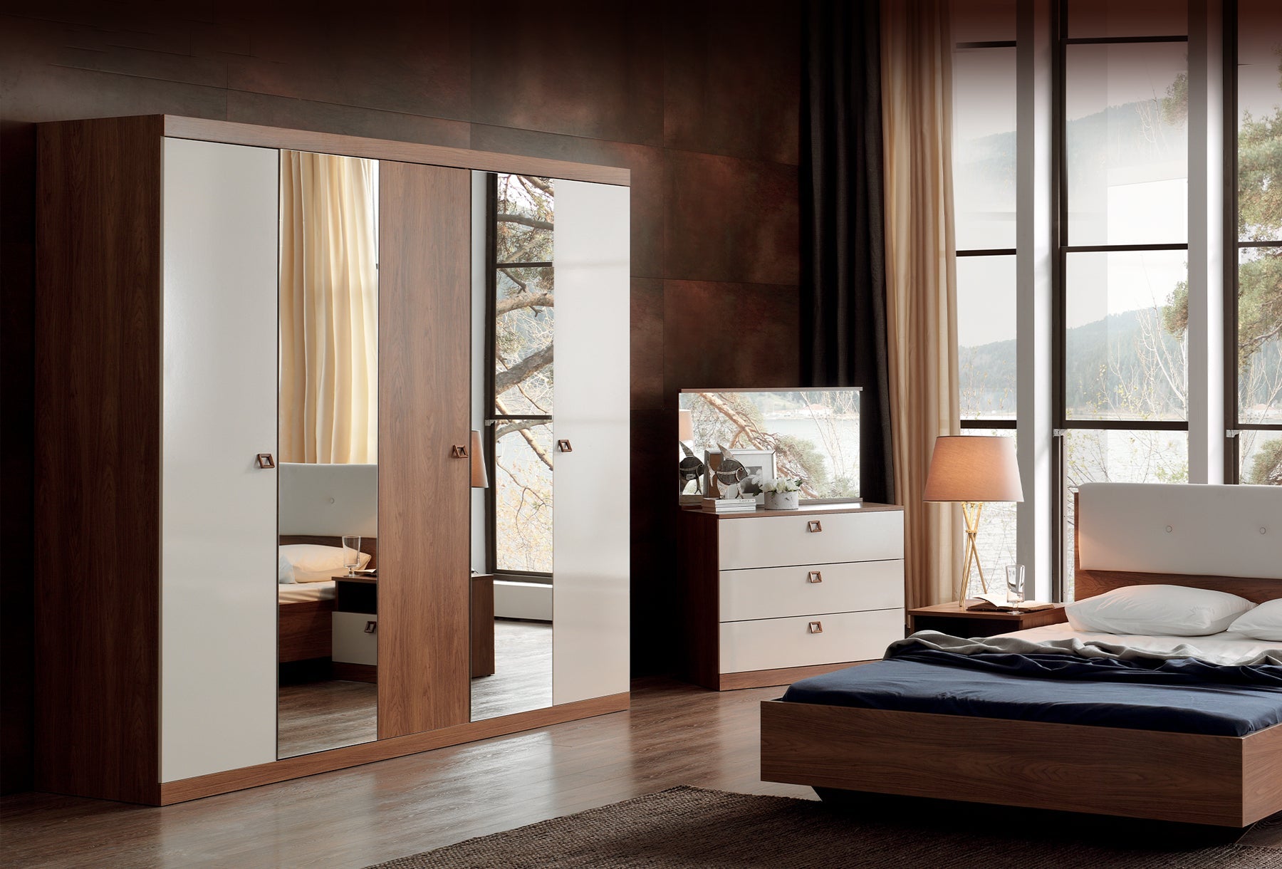 Петкрилен гардероб «Mistral» с огледална врата, ширина 222см