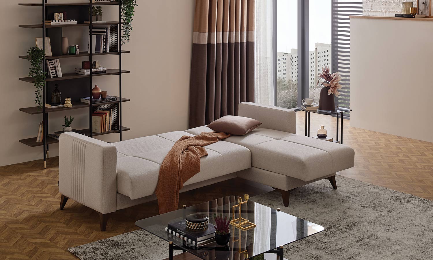 Ъглов разтегателен диван «Nola» + три декоративни възглавници, ширина 228см