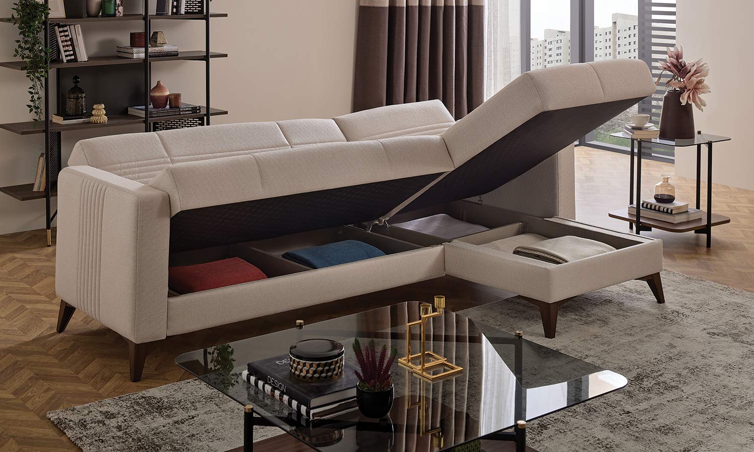 Ъглов разтегателен диван «Nola» + три декоративни възглавници, ширина 228см