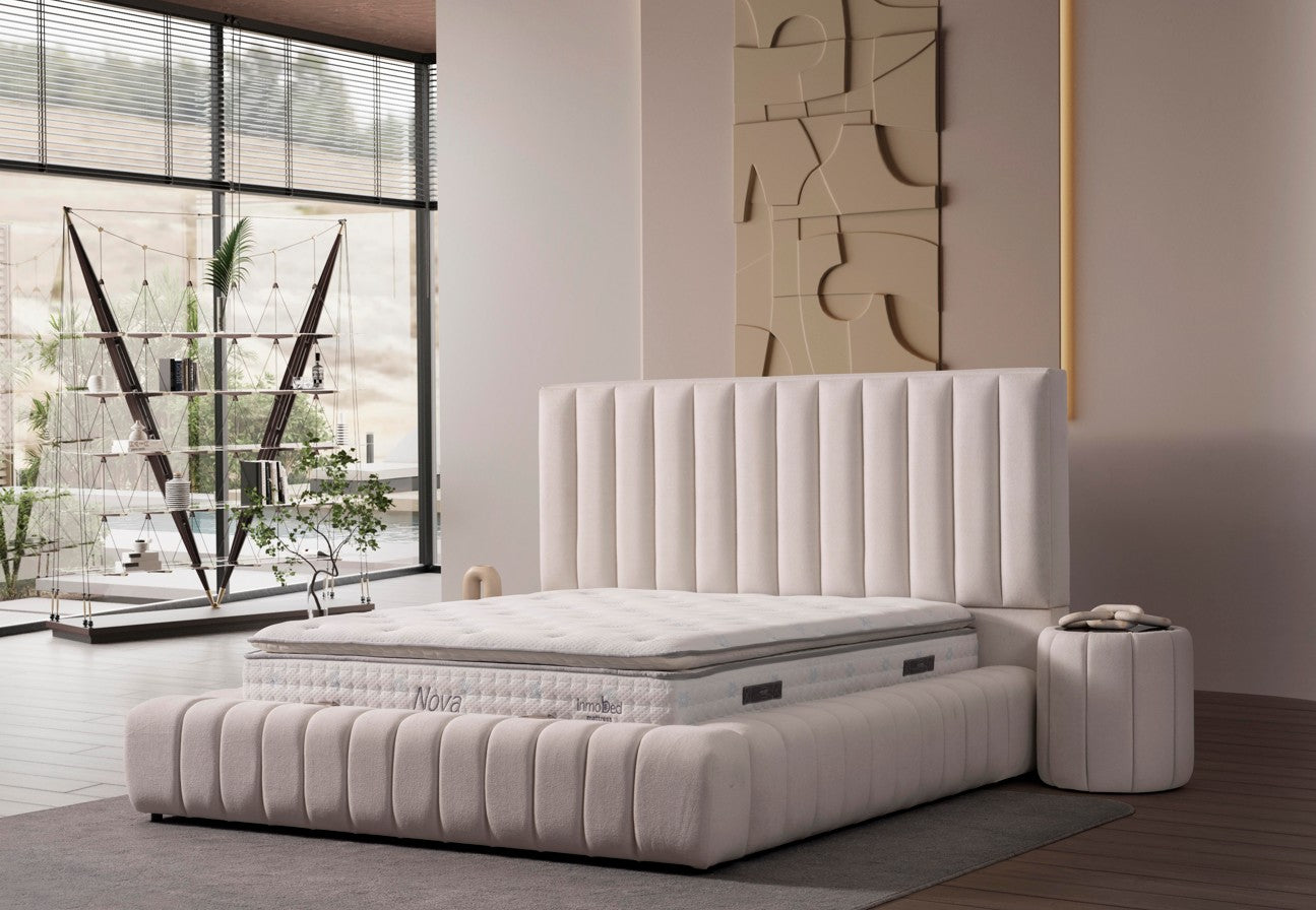 Тапицирано легло «Nova» + Матрак и табла - с място за съхранение, повдигащ механизъм, система за безшумно затваряне