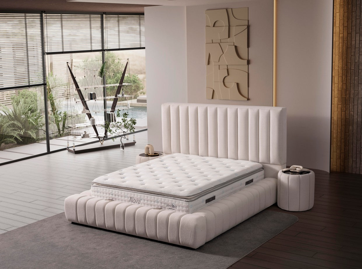 Тапицирано легло «Nova» + Матрак и табла - с място за съхранение, повдигащ механизъм, система за безшумно затваряне