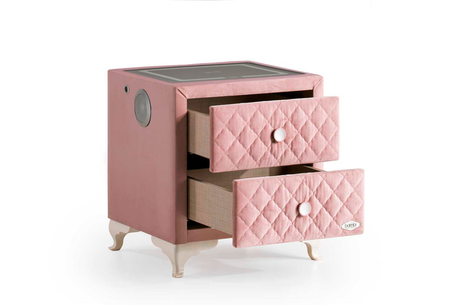 Тапицирано нощно шкафче «Pinky» + две чекмеджета, с LED осветление, с музикална система и USB зарядна станция, размер 52х59х43см