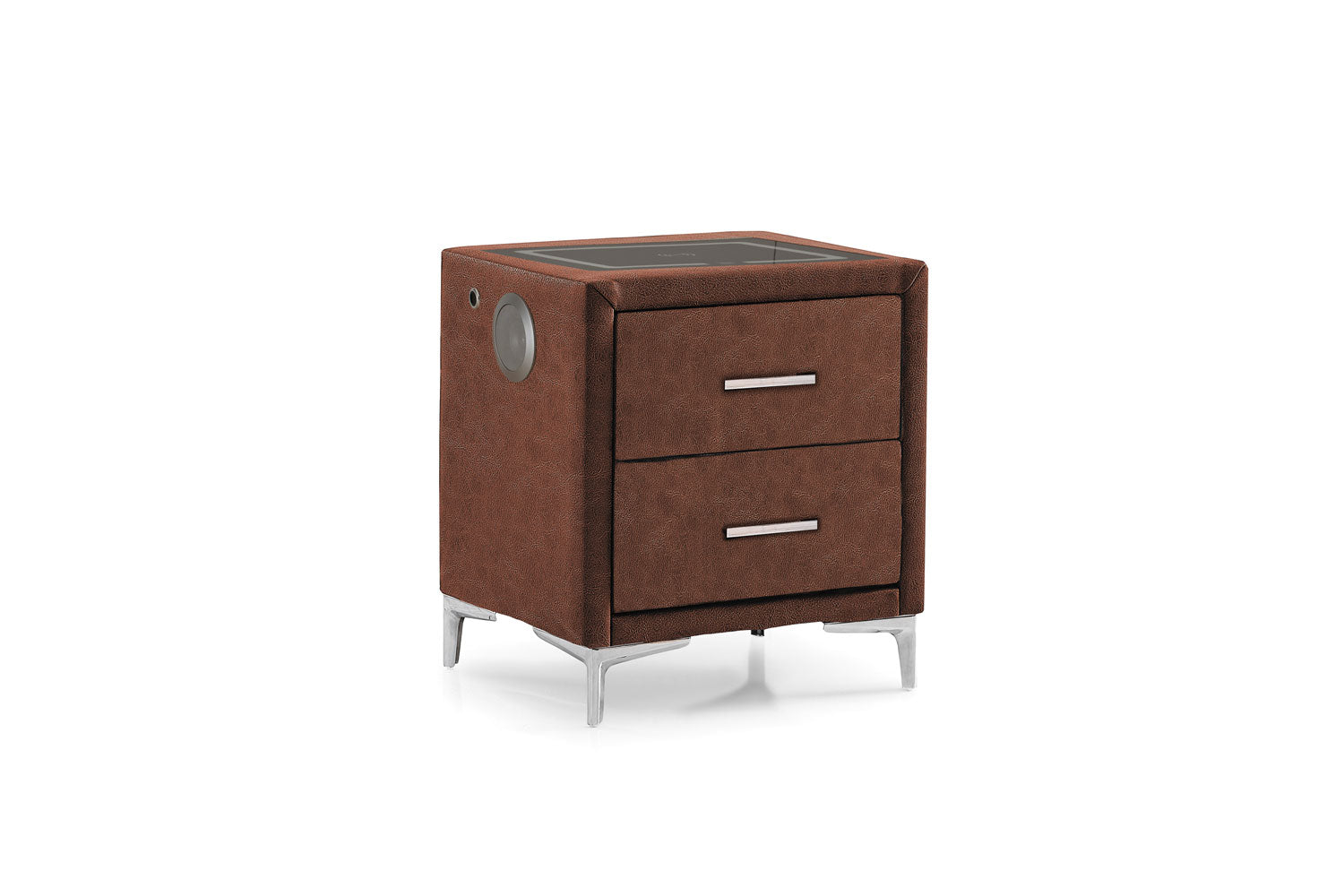 Тапицирано нощно шкафче «Multi Smart» + две чекмеджета, с LED осветление, с музикална система и USB зарядна станция, размер 52х59х43см