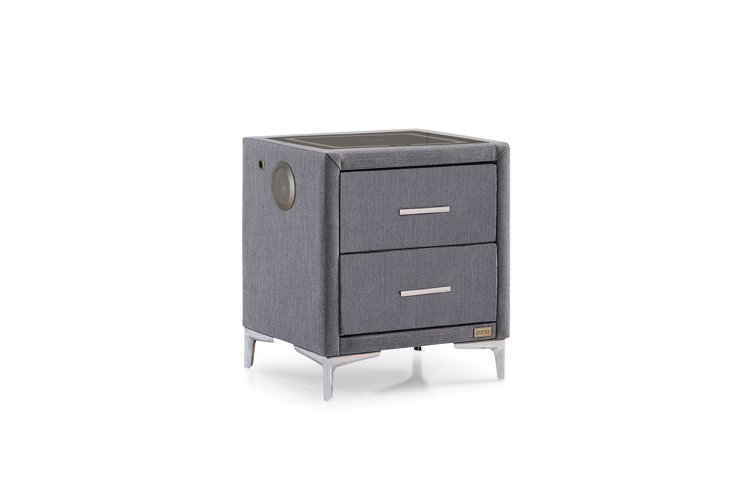 Тапицирано нощно шкафче «Multi Smart» + две чекмеджета, с LED осветление, с музикална система и USB зарядна станция, размер 52х59х43см