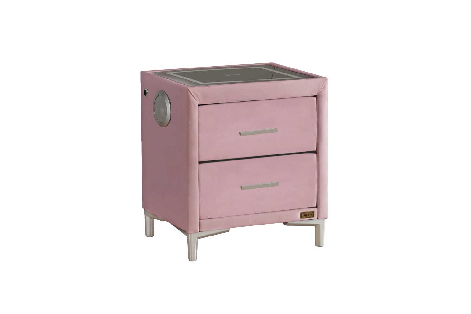 Тапицирано нощно шкафче «Multi Smart» + две чекмеджета, с LED осветление, с музикална система и USB зарядна станция, размер 52х59х43см