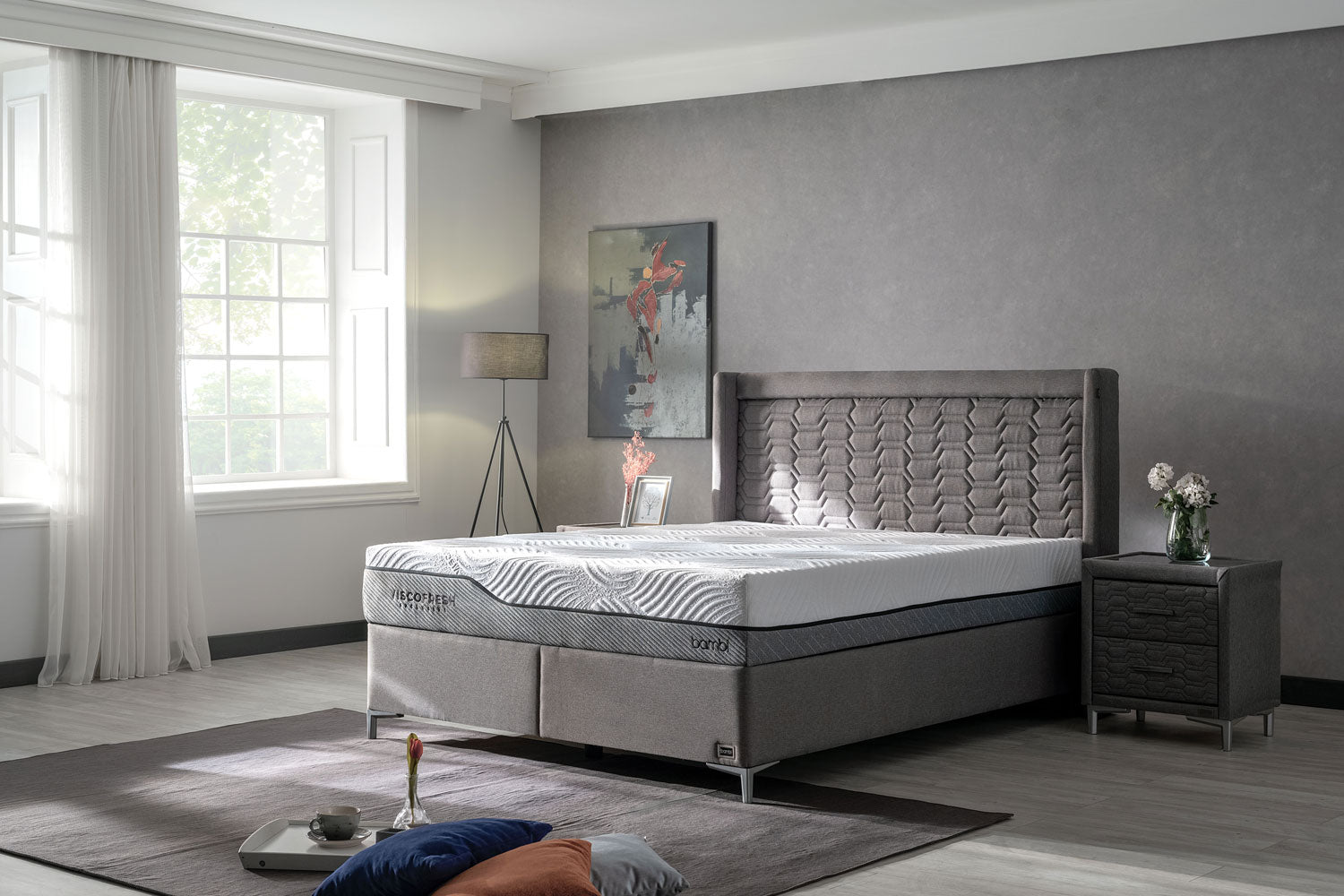 Тапицирано легло «Visco Fresh Exclusive» + Матрак и табла - с място за съхранение, матрак със свалящ се калъф