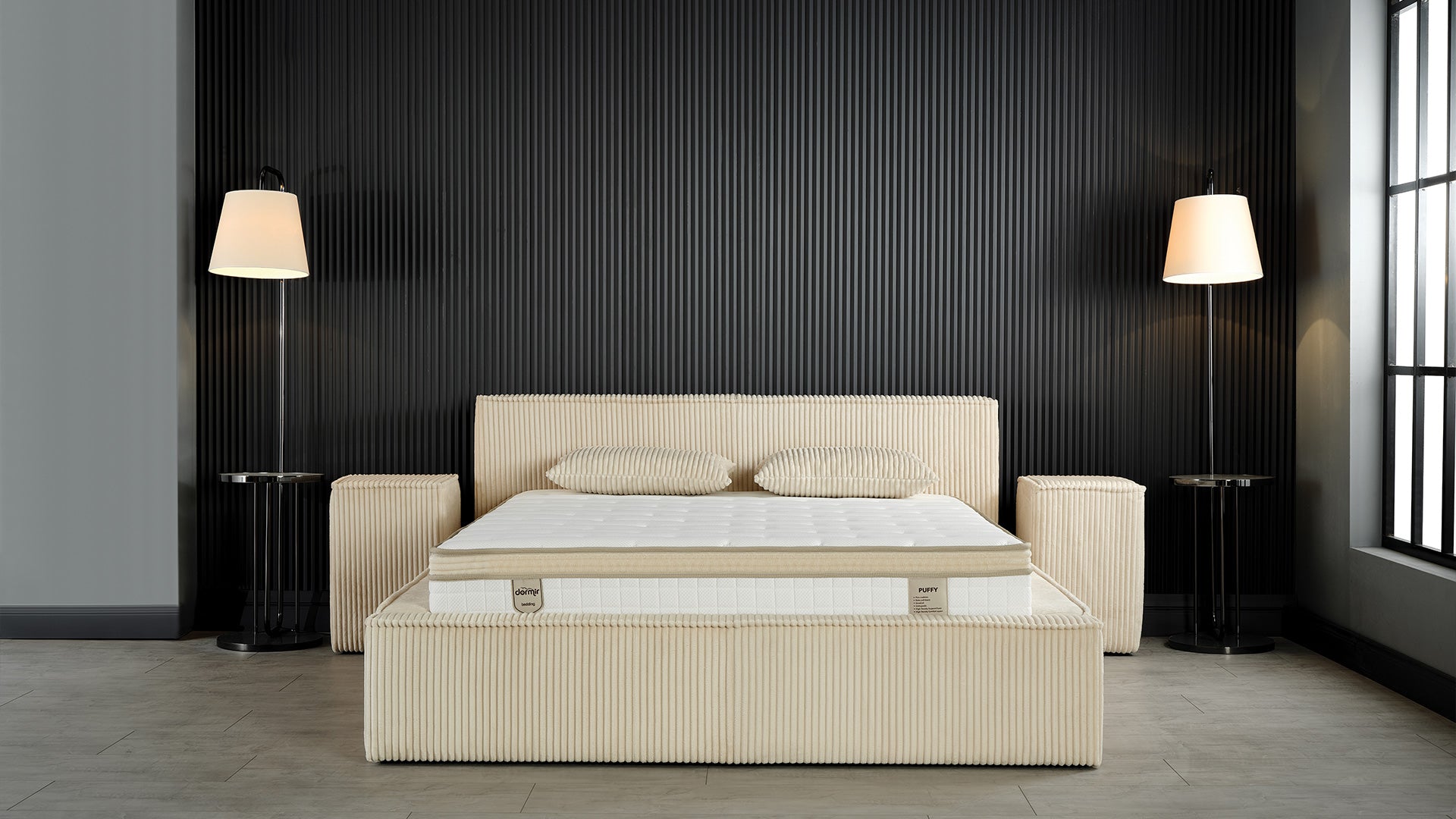 Тапицирано легло «Puffy» + Матрак и табла - с място за съхранение и система за безшумно затваряне