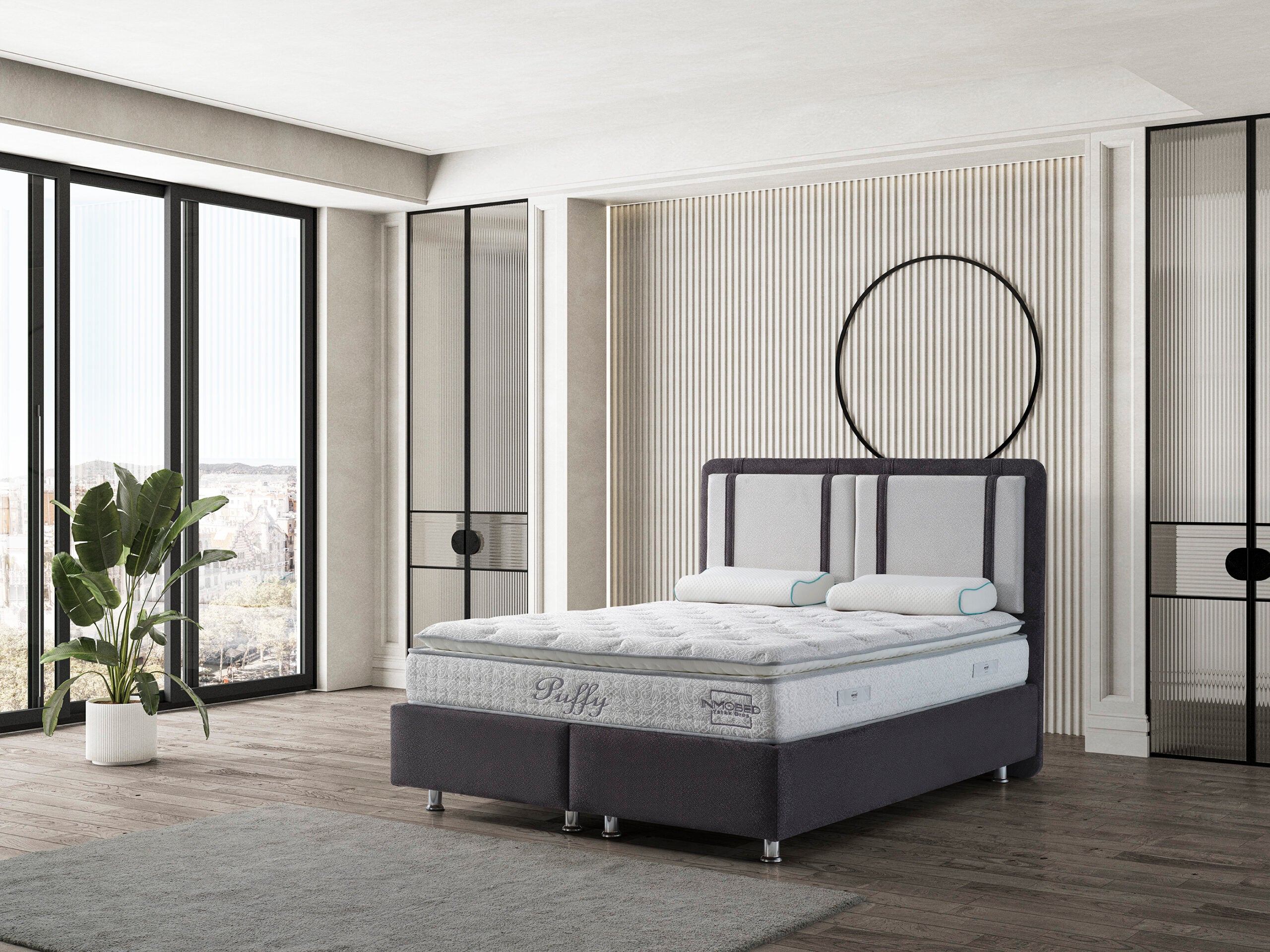 Тапицирано легло «Puffy» + Матрак и табла - с място за съхранение, повдигащ механизъм, система за безшумно затваряне