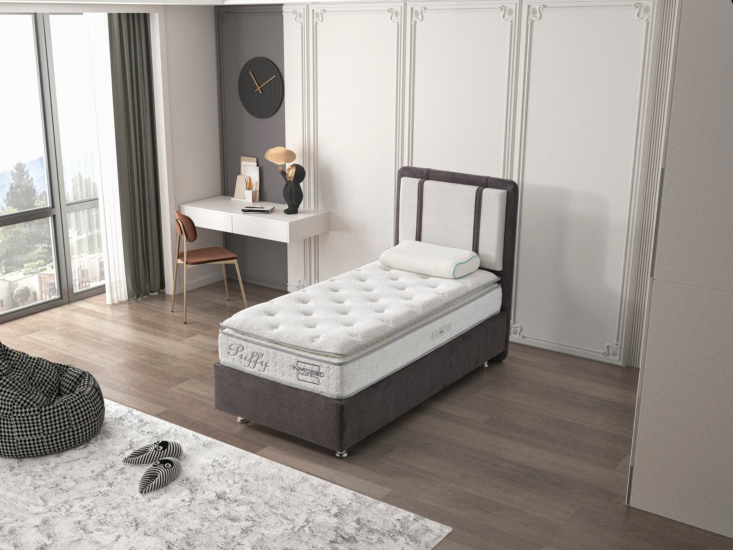 Тапицирано легло «Puffy» + Матрак и табла - с място за съхранение, повдигащ механизъм, система за безшумно затваряне