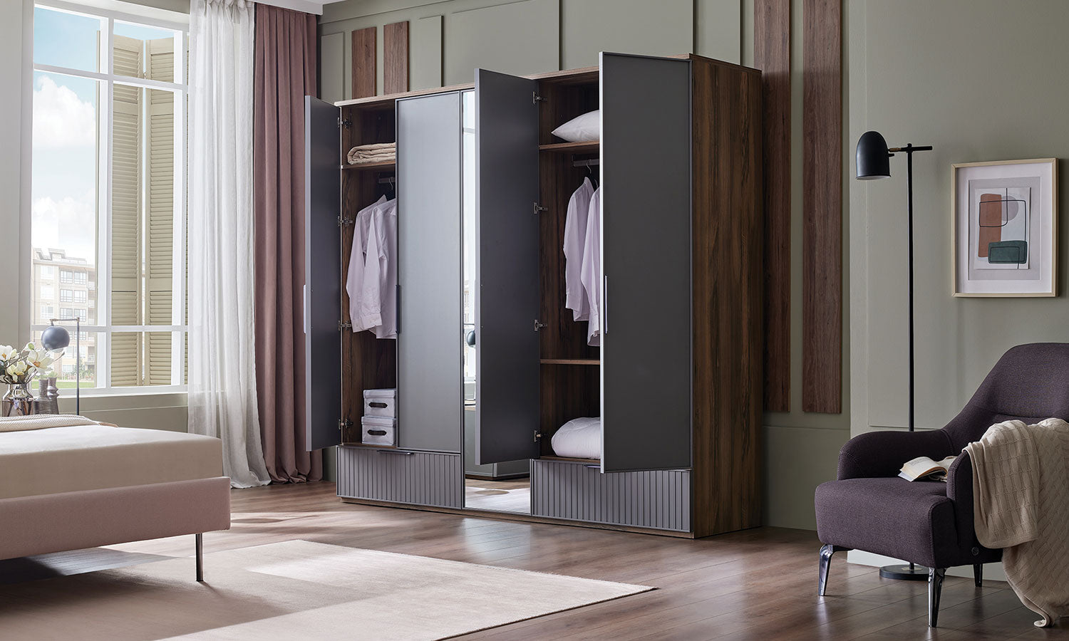 Петкрилен гардероб «Ravel» с огледална врата, чекмеджета, лост за закачалки, рафтове, ширина 235см