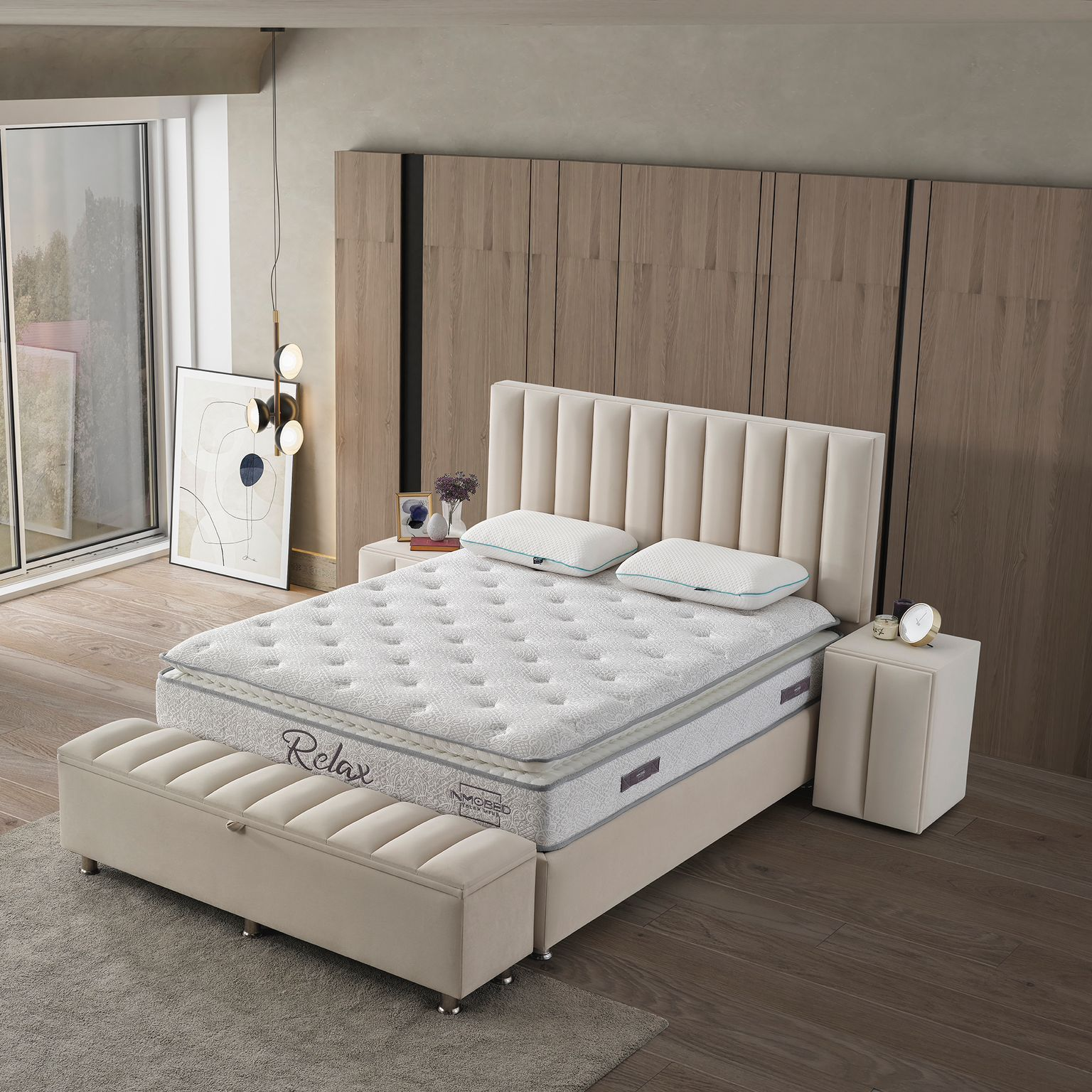Тапицирано легло «Relax» + Матрак и табла - с място за съхранение, повдигащ механизъм, система за безшумно затваряне