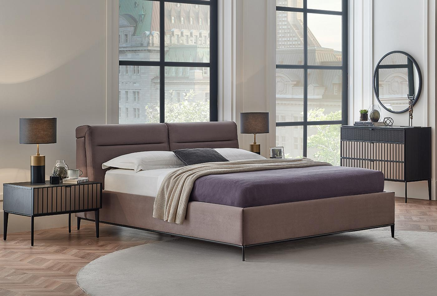 Тапицирано легло «Riga» + табла с механизъм за глава - с място за съхранение, повдигащ механизъм, система за безшумно затваряне