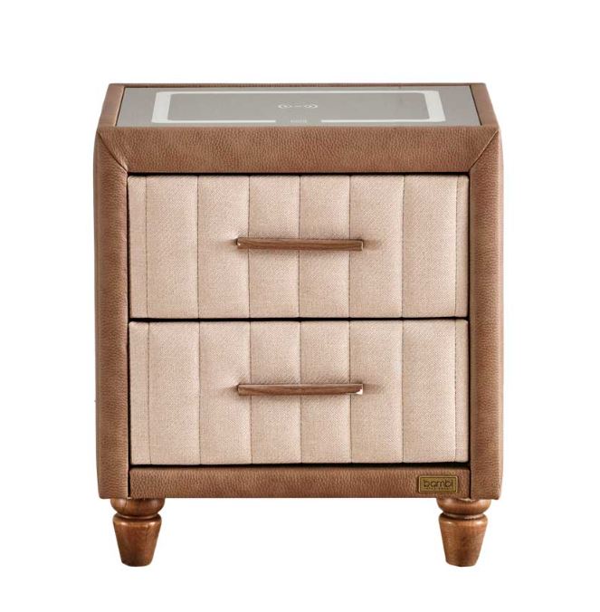 Тапицирано нощно шкафче «Biosalt» + две чекмеджета, с LED осветление, с музикална система и USB зарядна станция, размер 52х59х43см