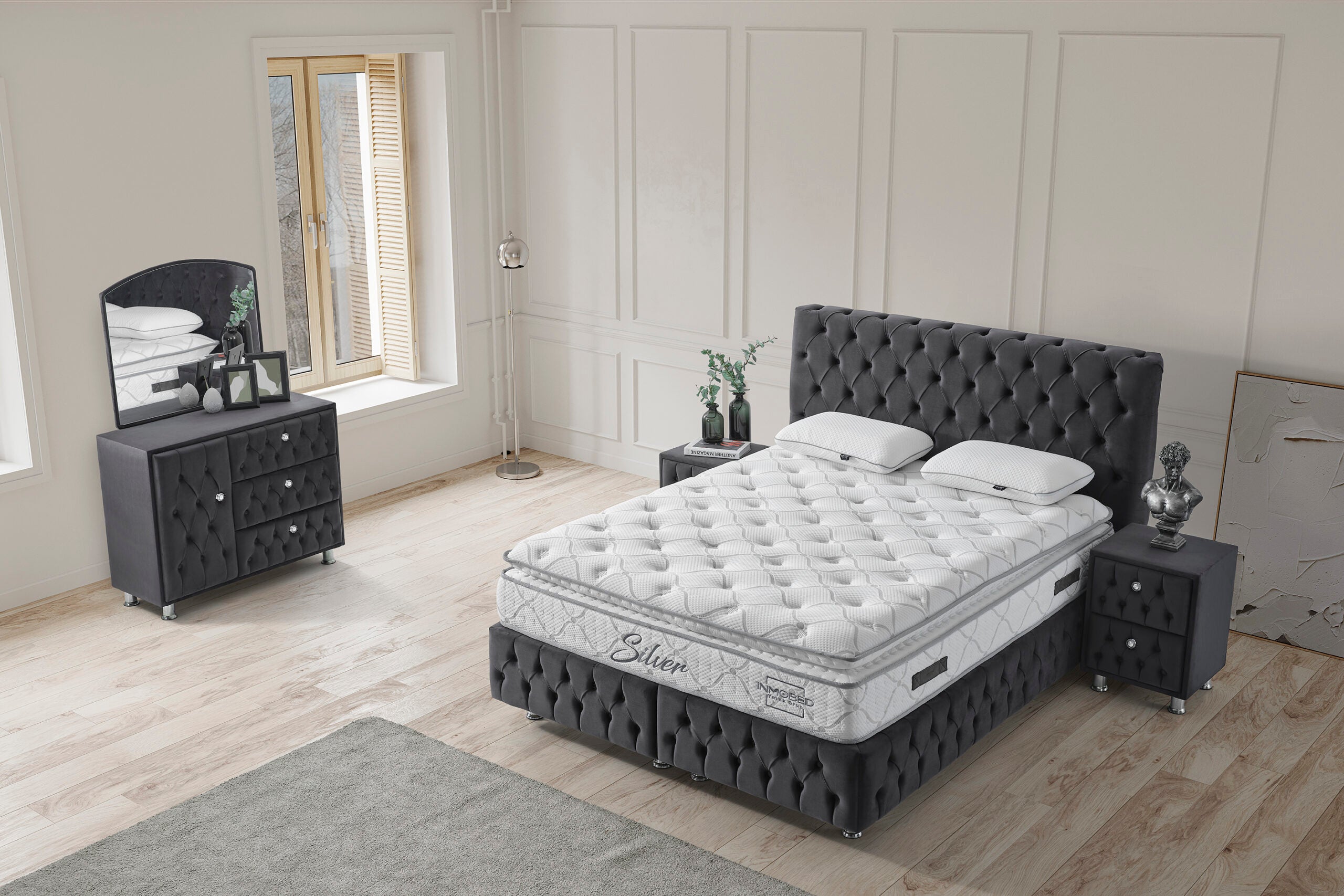 Тапицирано легло «Silver» + Матрак и табла - с място за съхранение, повдигащ механизъм, система за безшумно затваряне