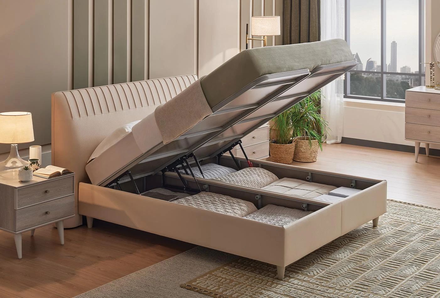 Тапицирана основа за легло «Basel» с място за съхранение, повдигащ механизъм, система за безшумно затваряне