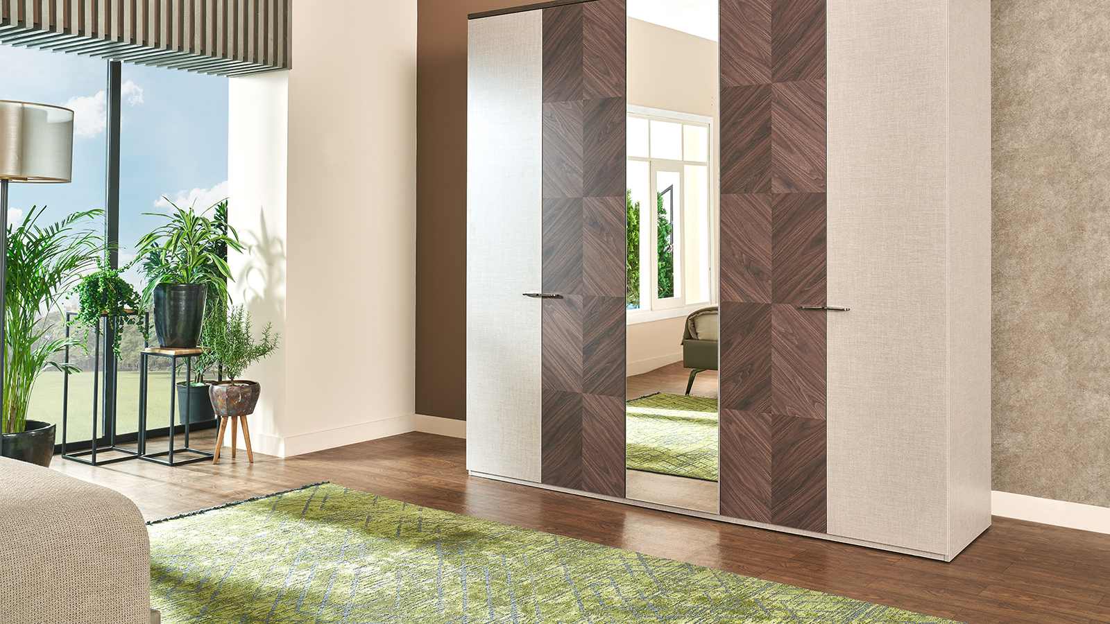 Петкрилен гардероб «Talin» с огледална врата, чекмеджета, лост за закачалки, рафтове, ширина 227см