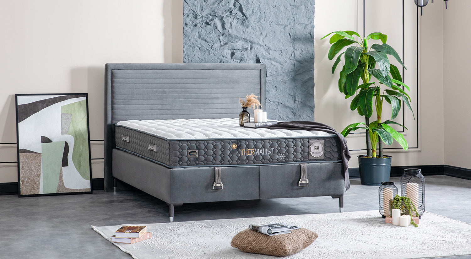 Тапицирано легло «Thermalist» + Матрак и табла - с място за съхранение, повдигащ механизъм, система за безшумно затваряне