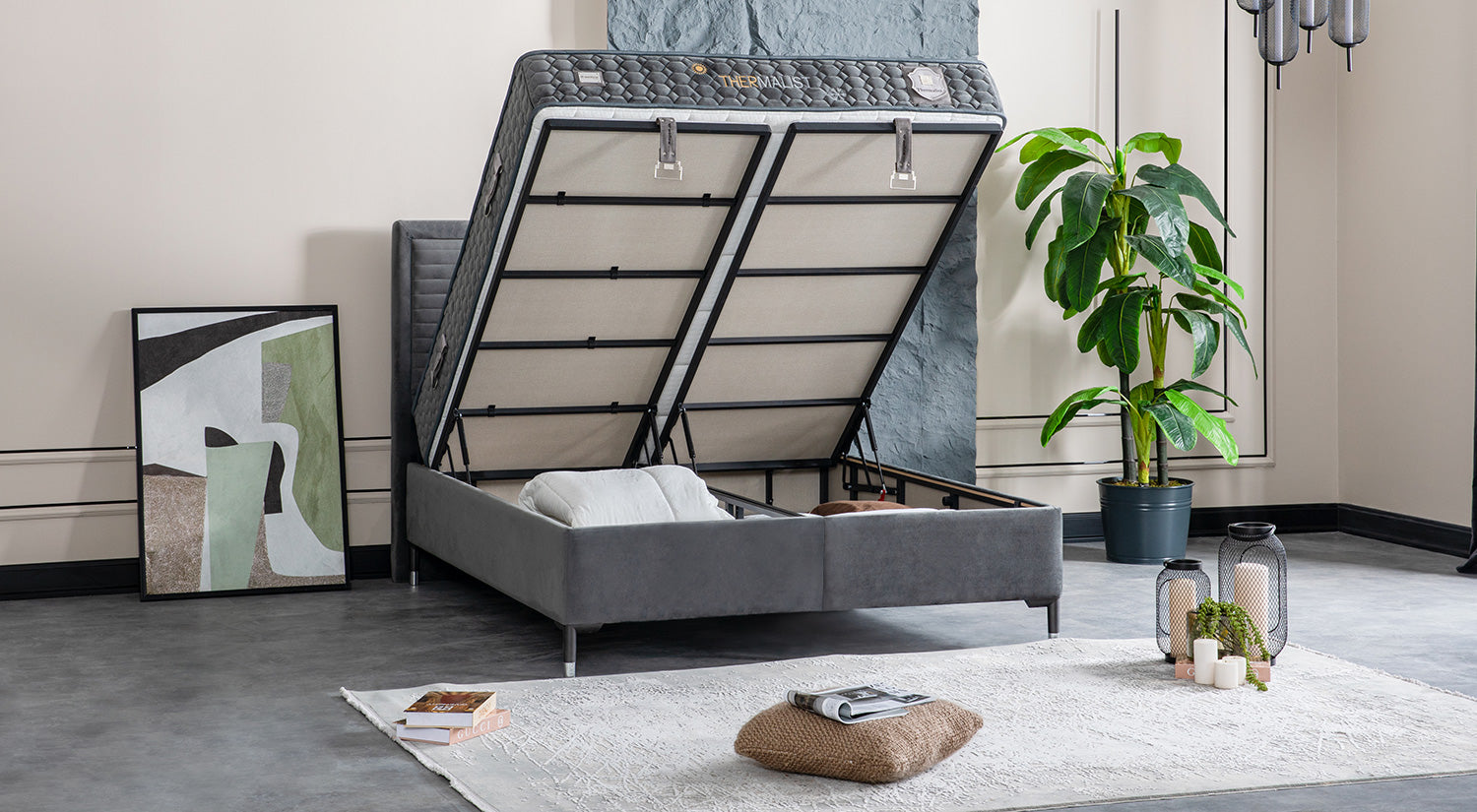 Тапицирано легло «Thermalist» + Матрак и табла - с място за съхранение, повдигащ механизъм, система за безшумно затваряне