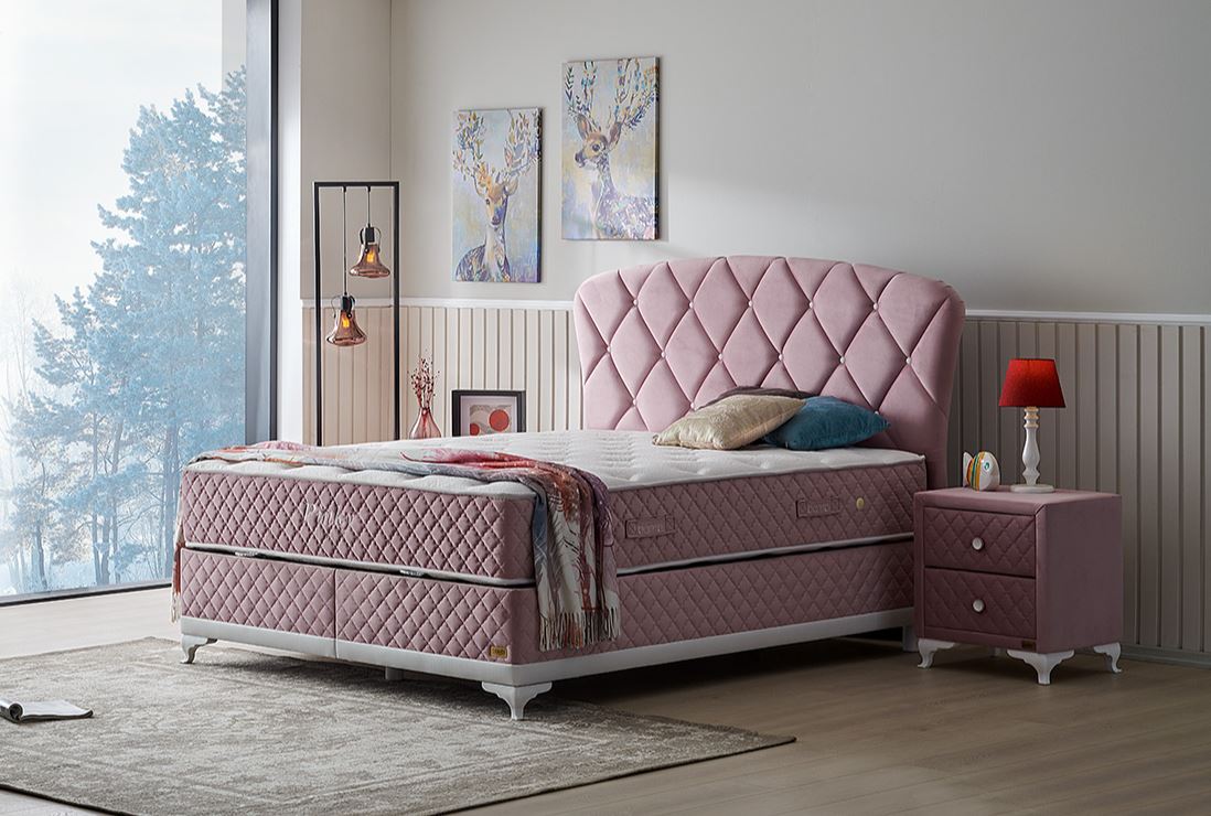 Тапицирано легло «Pinky» + Матрак и табла - с място за съхранение, повдигащ механизъм, система за безшумно затваряне