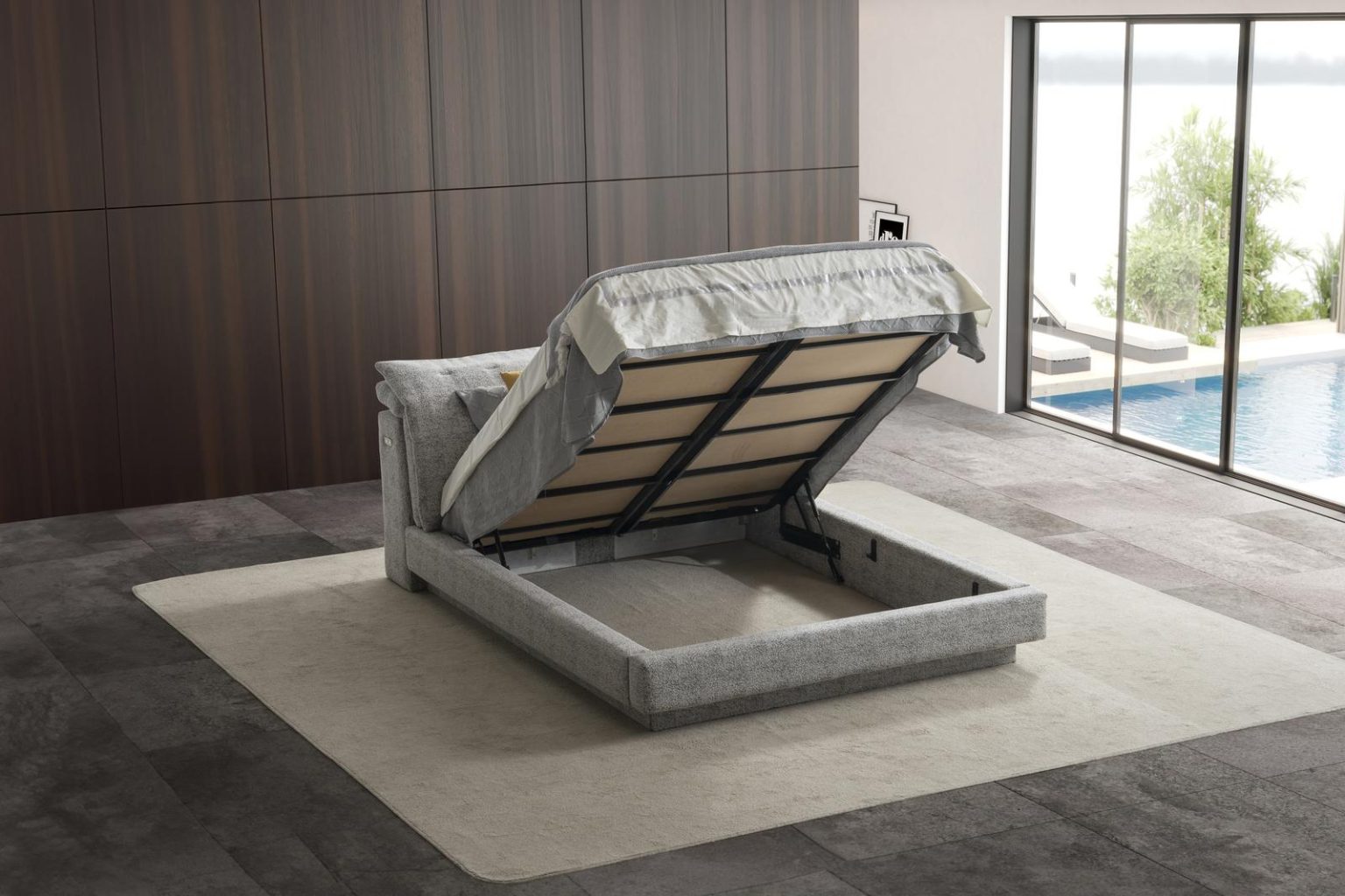 Тапицирано легло «Dubai» с регулираща се табла, с място за съхранение, USB зарядна станция