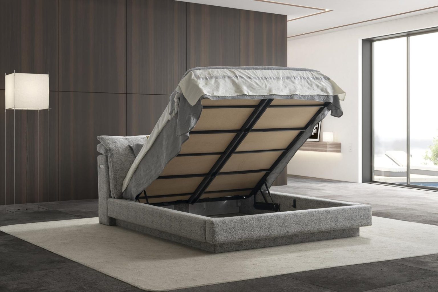 Тапицирано легло «Dubai» с регулираща се табла, с място за съхранение, USB зарядна станция