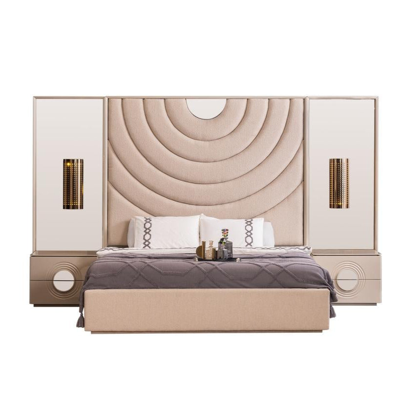 Тапицирано легло «Panemera» + табла с огледало и осветление - с място за съхранение, повдигащ механизъм