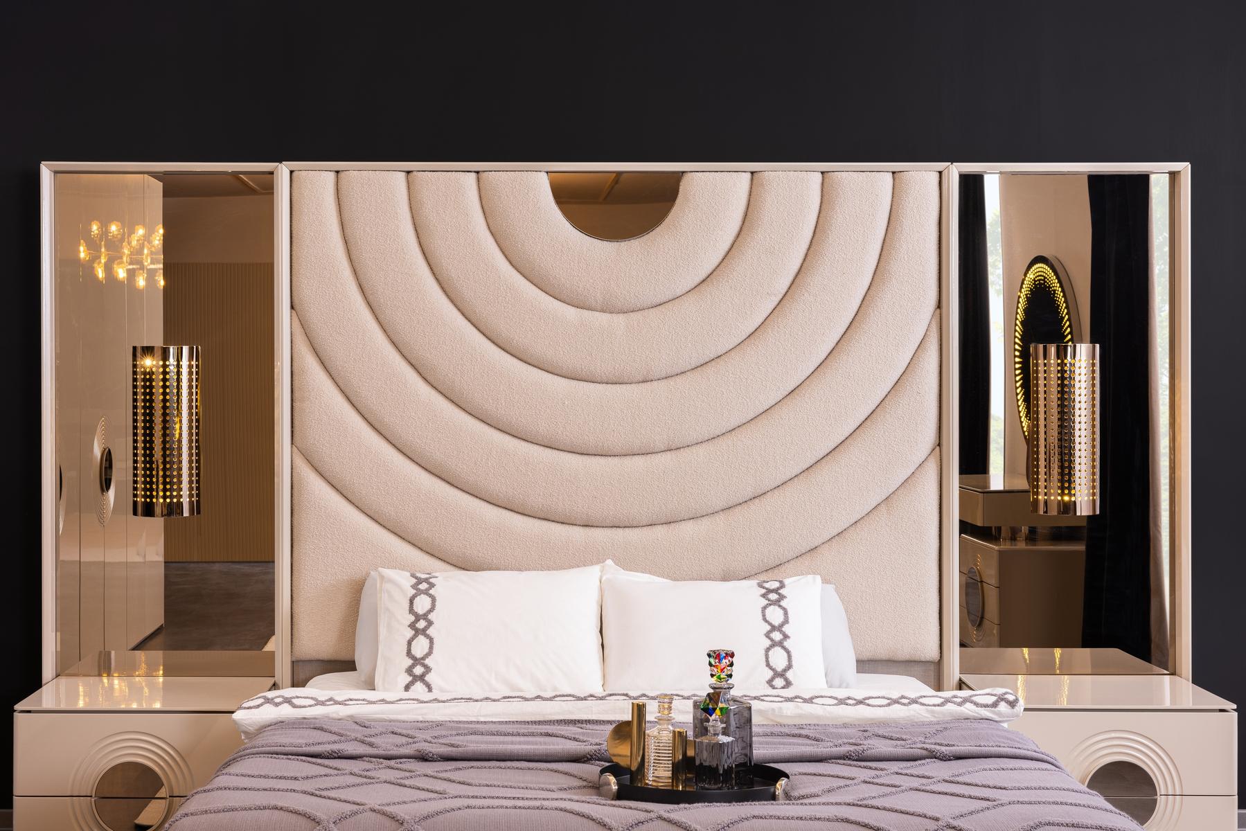 Тапицирано легло «Panemera» + табла с огледало и осветление - с място за съхранение, повдигащ механизъм