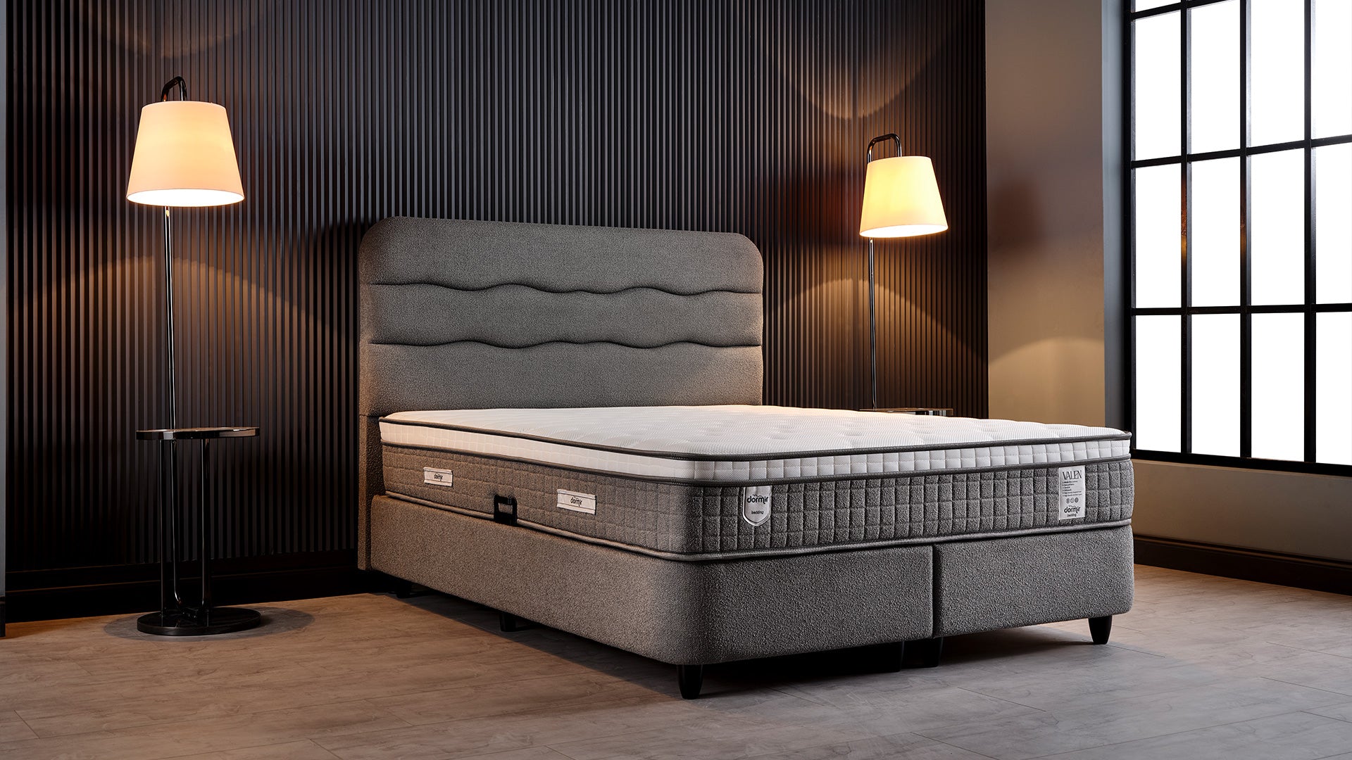 Тапицирано легло «Valen» + Матрак и табла - с място за съхранение и система за безшумно затваряне