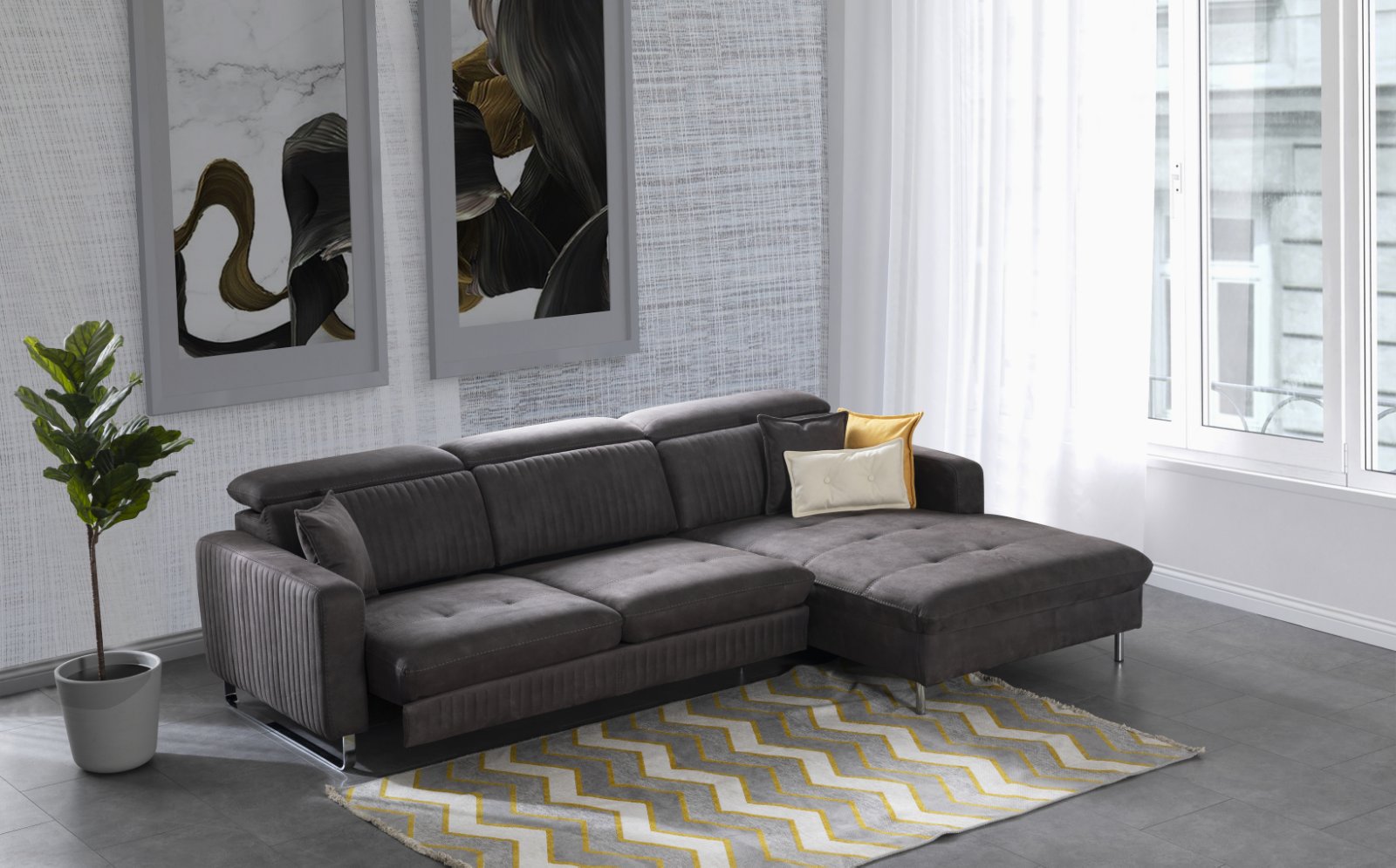 Ъглов разтегателен диван «Galaksi Relax» + електрически механизъм, USB зарядна станция, ширина 305см