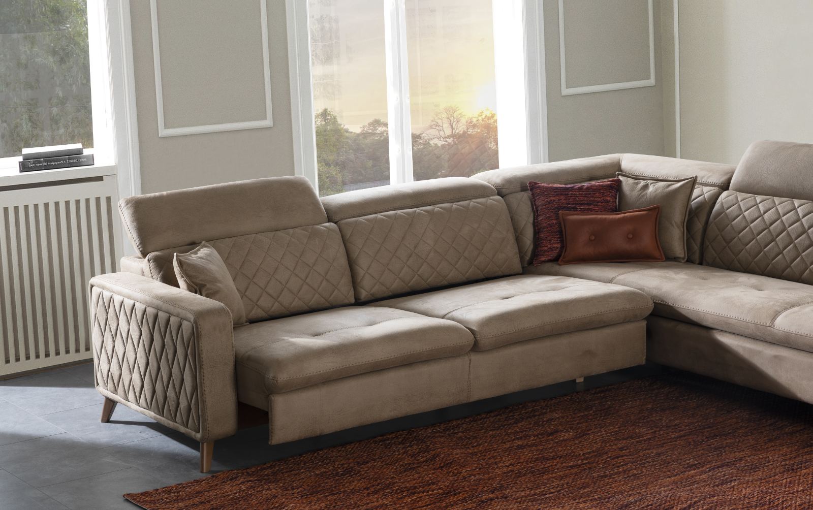 Ъглов разтегателен диван «Horasan Lounge» + електрически механизъм, USB зарядна станция, ширина 297см