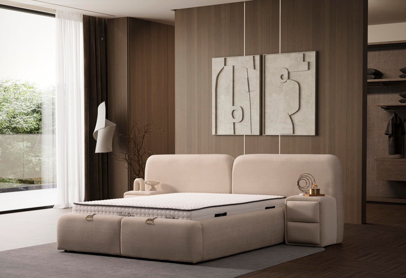 Тапицирано легло «Visco Star» + Матрак и табла - с място за съхранение, система за безшумно затваряне