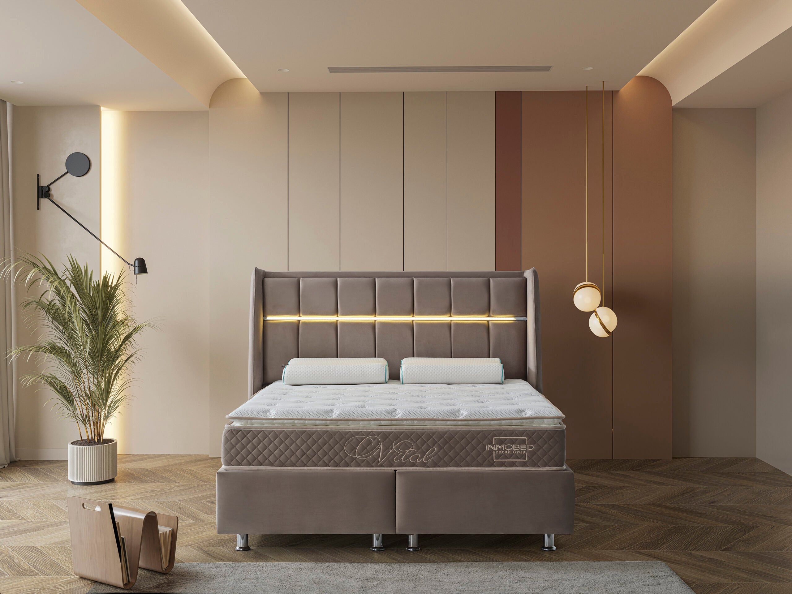 Тапицирано легло «Vital» + Матрак и табла - с място за съхранение, повдигащ механизъм, система за безшумно затваряне