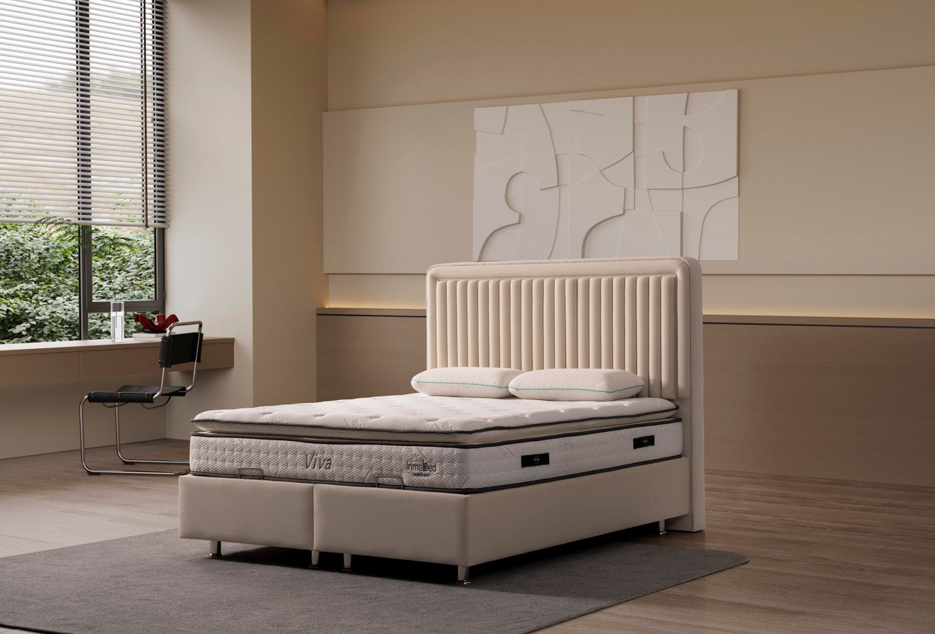 Тапицирано легло «Viva» + Матрак и табла - с място за съхранение, повдигащ механизъм, система за безшумно затваряне