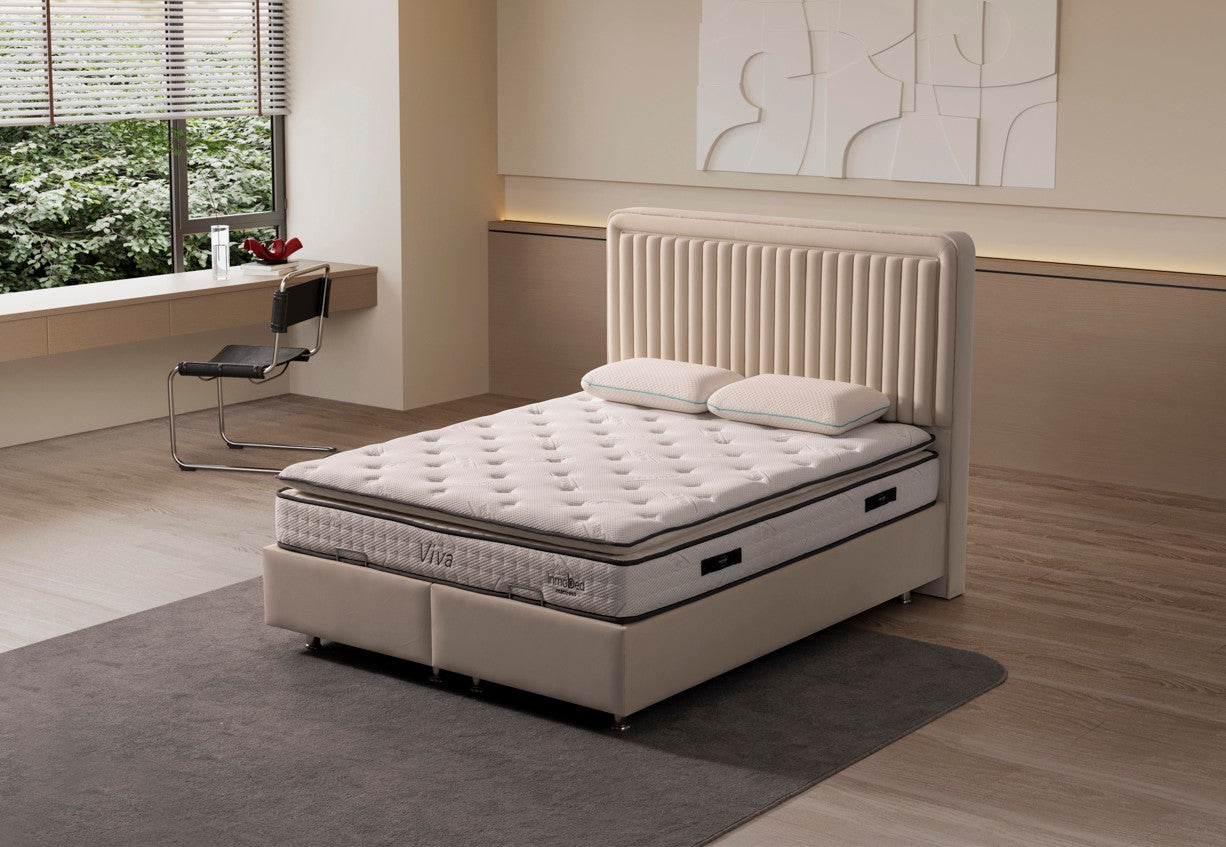 Тапицирано легло «Viva» + Матрак и табла - с място за съхранение, повдигащ механизъм, система за безшумно затваряне