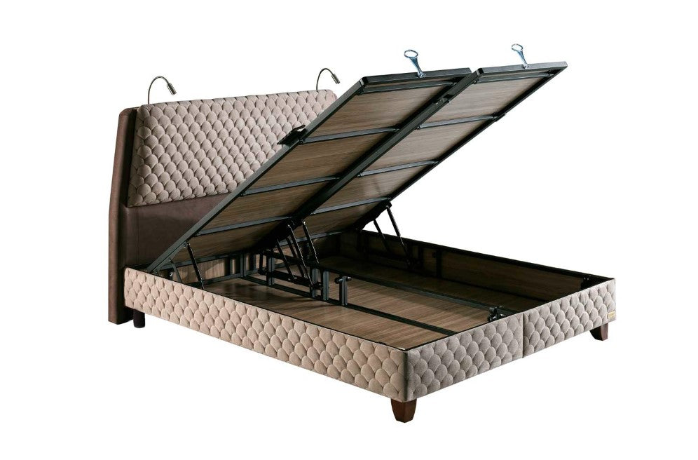 Тапицирано легло «Borjen» + Матрак и табла - с място за съхранение, табла с LED осветление, матрак с бор минерали