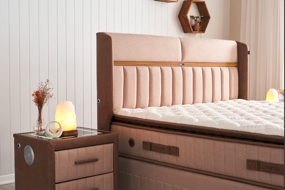 Тапицирано легло «Biosalt» + Матрак и табла - с място за съхранение, табла с LED осветление, матрак с каменна сол