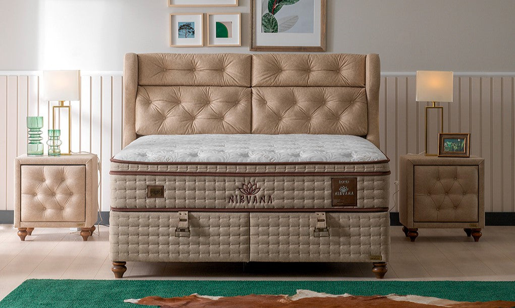 Тапицирана основа за легло «Nirvana» с място за съхранение, повдигащ механизъм, система за безшумно затваряне