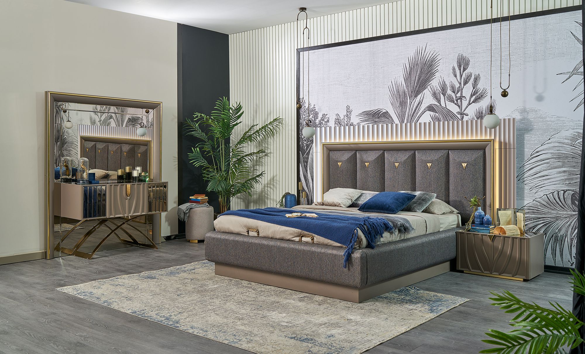 Тапицирано легло «Vals» + табла с осветление - с място за съхранение, повдигащ механизъм