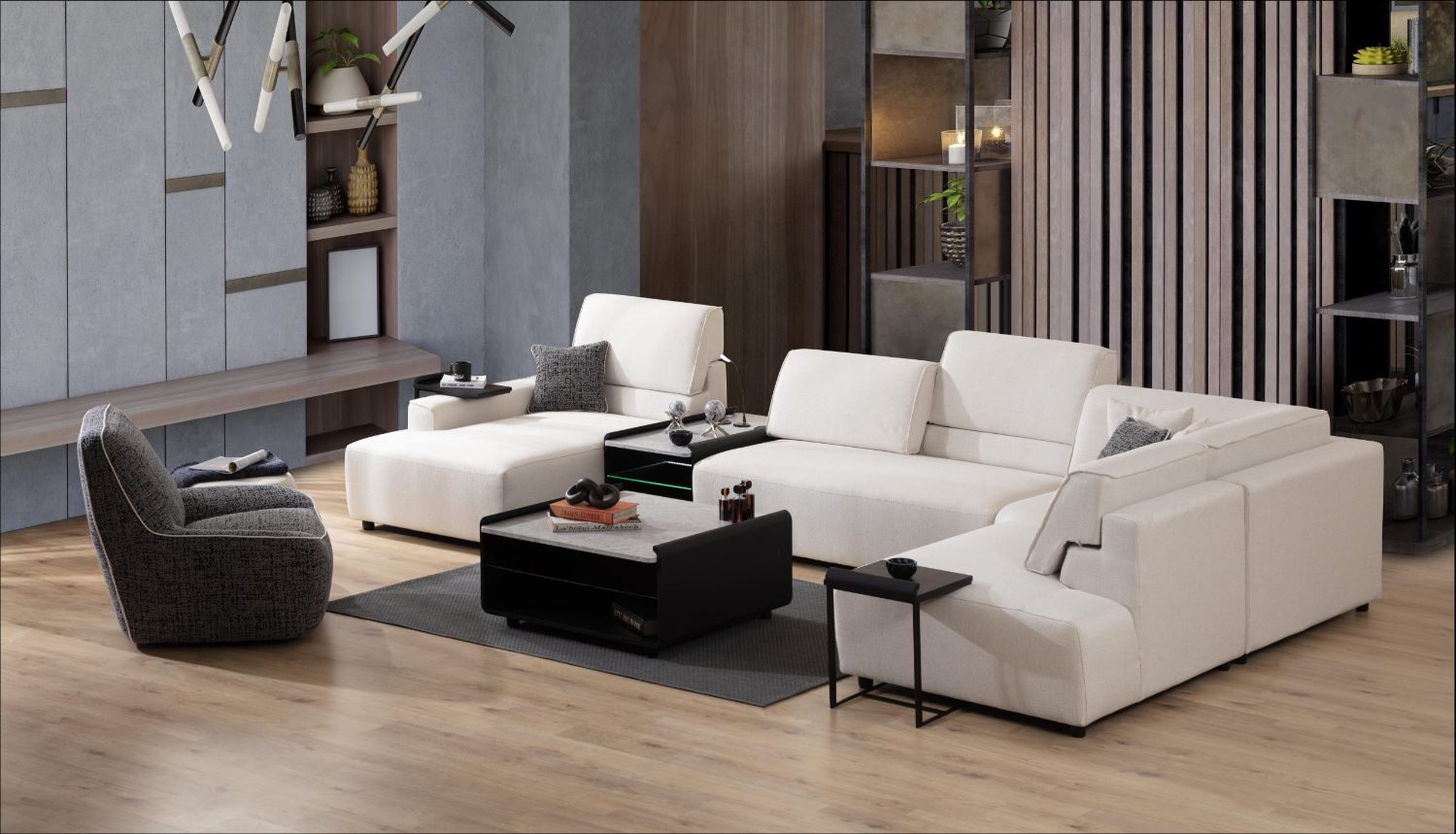 Модулен разтегателен диван «Bahar» + електрически механизъм, USB зарядна станция, конзолна масичка