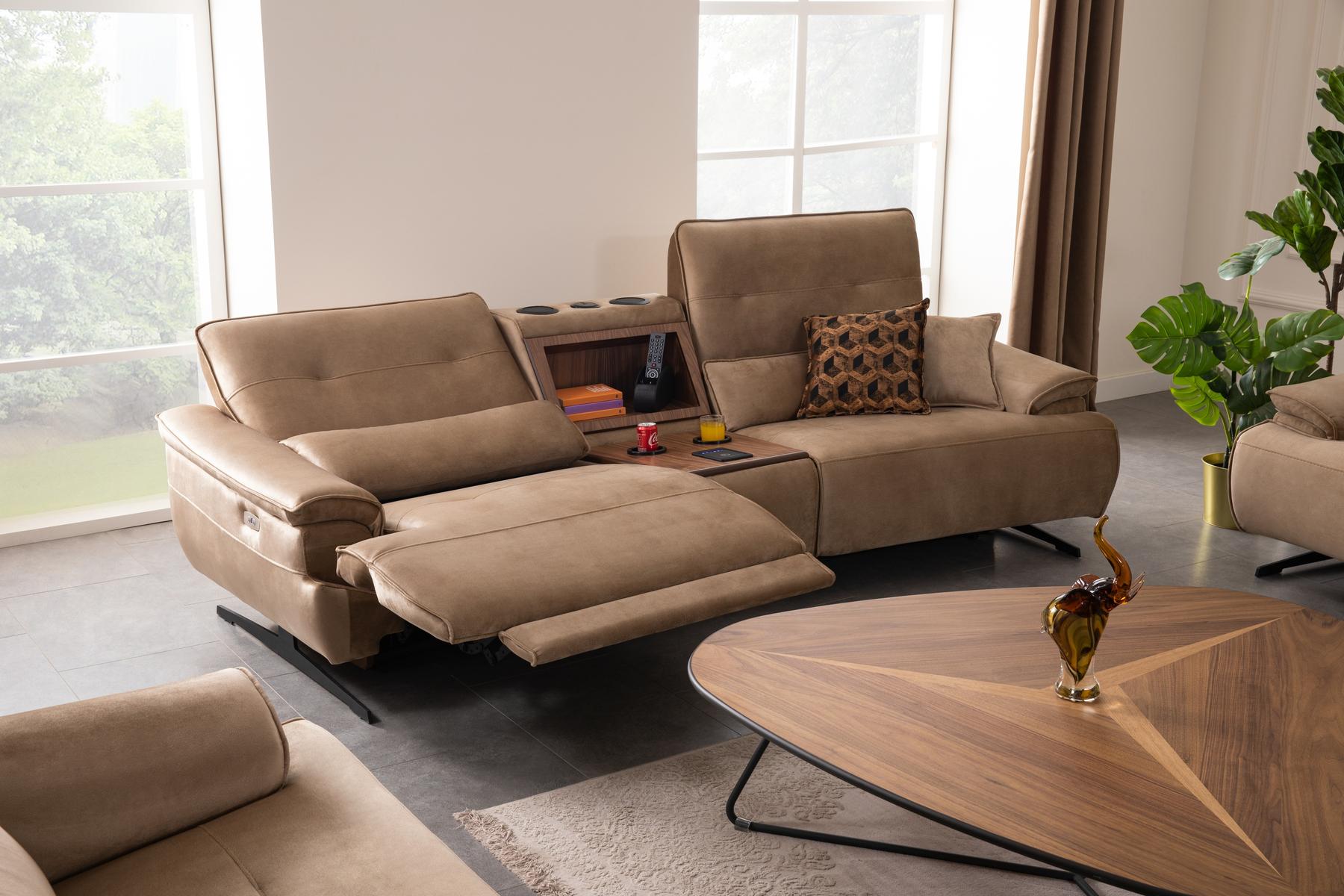 Двуместен диван «Perge» + електрически механизъм, USB зарядна станция, музикална конзола, ширина 270см